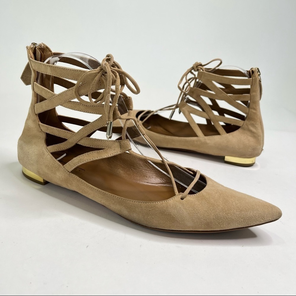 AQUAZZURA Belgravia Tan Suede Caged Lace-up Pointed Toe Gold Heeled Ballet Flats